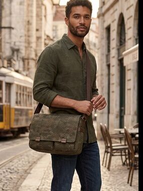 Fossil Canvas Messenger Bag Herringbone Crossbody Laptop Book Bag Brown Unisex